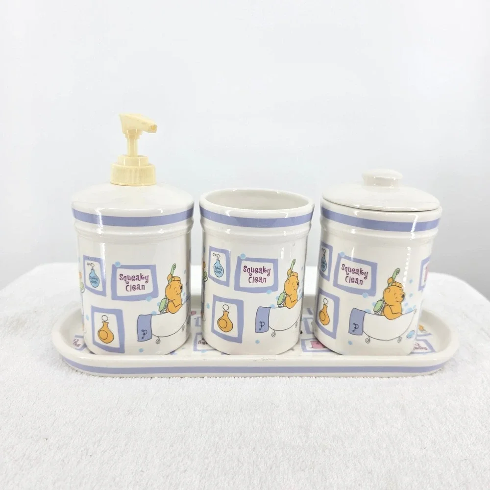 Disney Winnie the Pooh Squeaky Clean Ceramic Bathroom Set 4pc Tray Dispenser Jar